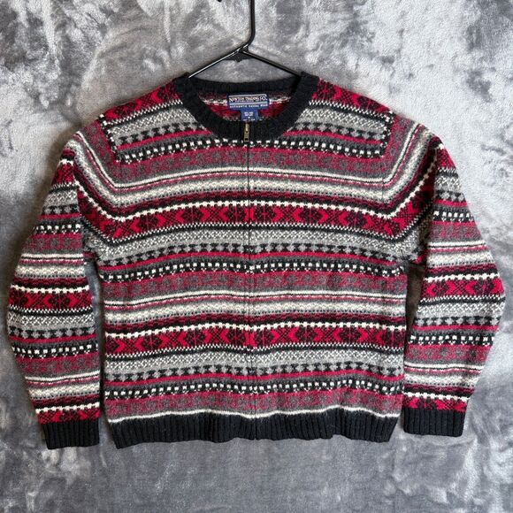 Newton Trading Co. Women's Shetland Wool 100% Geometric Full-Zip Medium Sweater - Picture 1 of 7